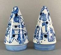 Group of 2 M A Hadley Signed Christmas Tree Pottery Luminary