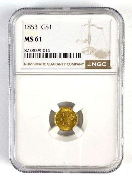 NGC Graded 1853 US $1 Liberty Head Gold Coin MS61