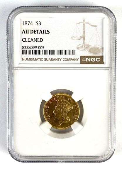 NGC Graded 1874 US $3 Indian Princess Head Gold Coin AU Details