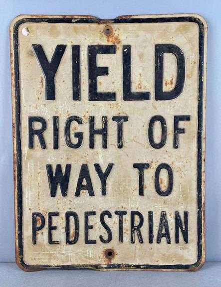 Vintage Embossed Yield to Pedestrian Metal Street Sign