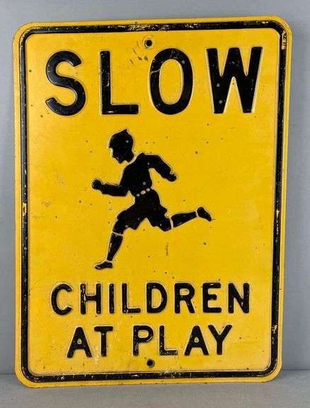 Vintage Embossed Slow Children at Play Metal Street Sign