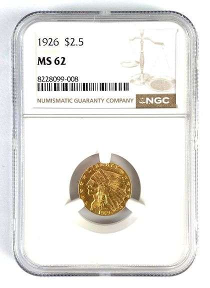 NGC Graded 1926 US $2.50 Indian Head Gold Coin MS62