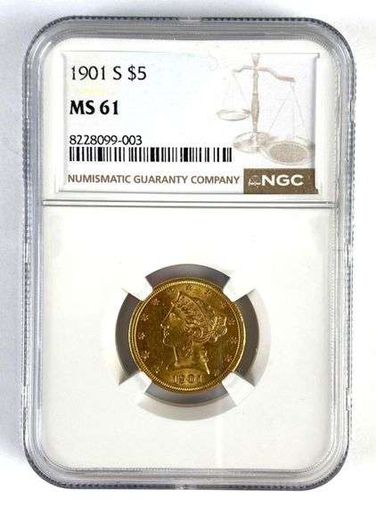 NGC Graded 1901-S US $5 Liberty Head Gold Coin MS61