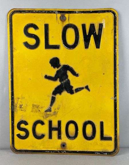 Vintage Embossed Slow School Metal Street Sign