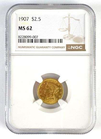 NGC Graded 1907 US $2.50 Liberty Head Gold Coin MS62