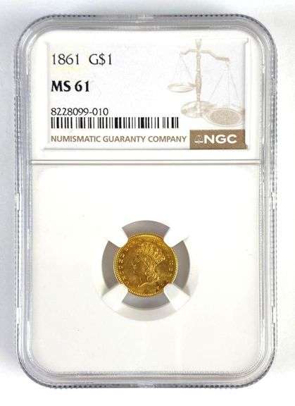NGC Graded 1861 US $1 Indian Princess Head Gold Coin MS61