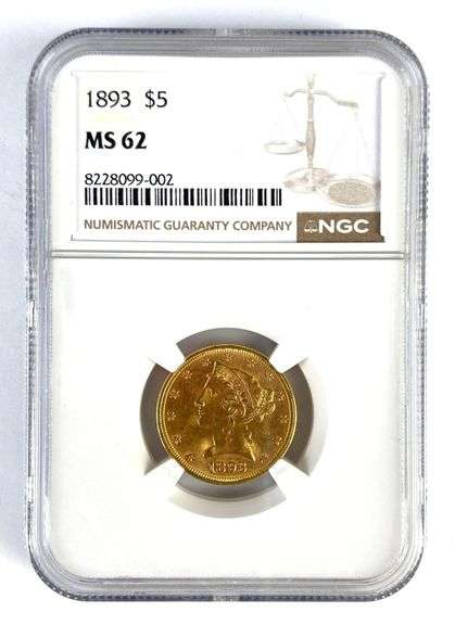NGC Graded 1893 US $5 Liberty Head Gold Coin MS62