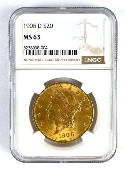 NGC Graded 1906-D US $20 Liberty Head Gold Coin MS63
