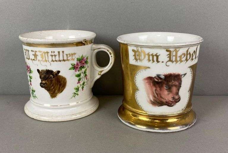 Group of 2 Antique Butcher Occupational Steer Shaving Mugs