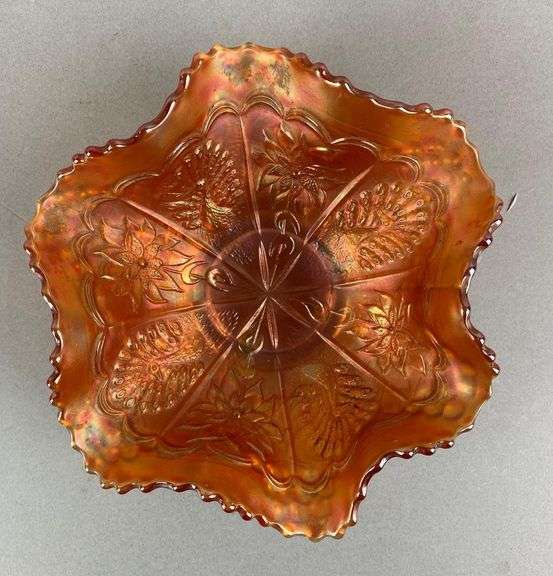 Antique Fenton Marigold Peacock and Grape Ruffle Carnival Glass Bowl