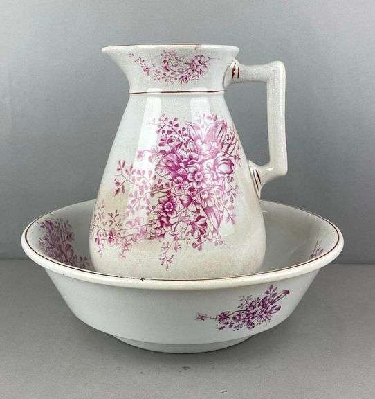 Antique Royal Ironstone Pink Floral Wash Pitcher and Basin