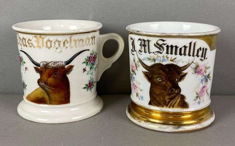 Group of 2 Antique Butcher Occupational Bull Shaving Mugs