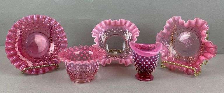 Group of 5 Fenton Glass Opalescent Cranberry Hobnail Items