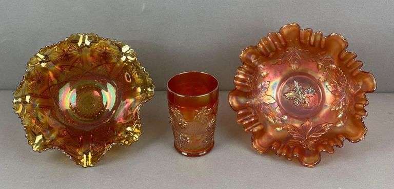 Group of 3 Marigold Carnival Glass Items