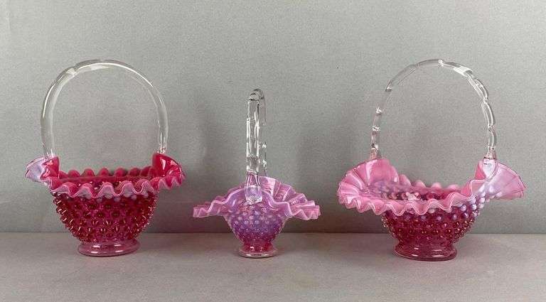 Group of 3 Fenton Opalescent Cranberry Ruffled Hobnail Baskets