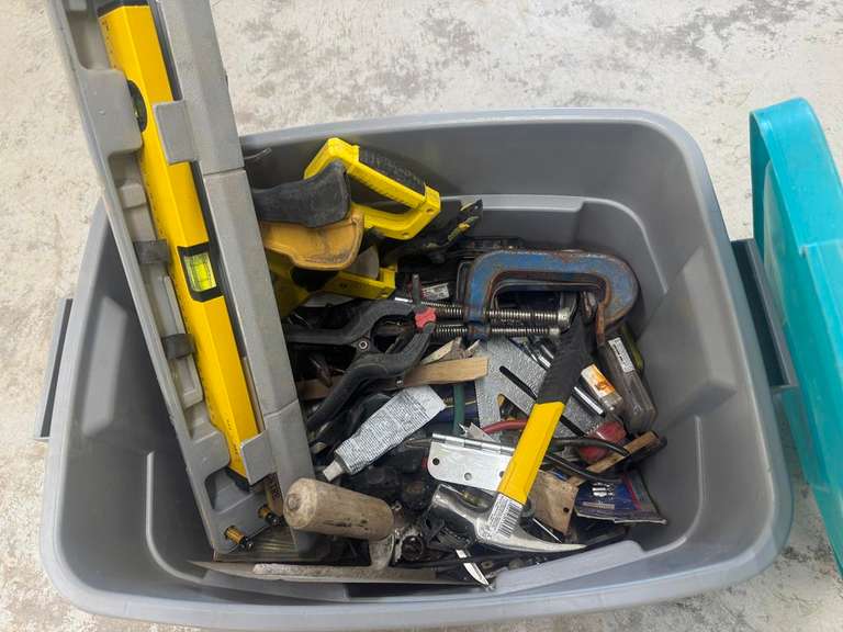 Tub of Shop Tools, Clamps, Shop Supplies