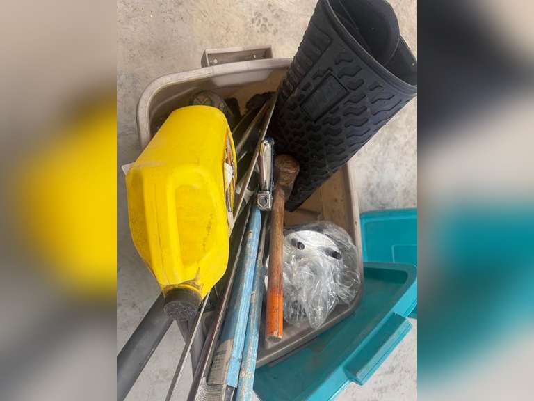 Tub of Shop Tools, Saw Blades and Shop Supplies