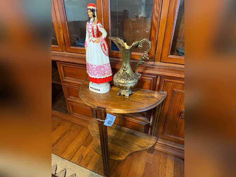 Wooden Side Table, Metaxa Ceramic Statue and Brass Decorative Pitcher