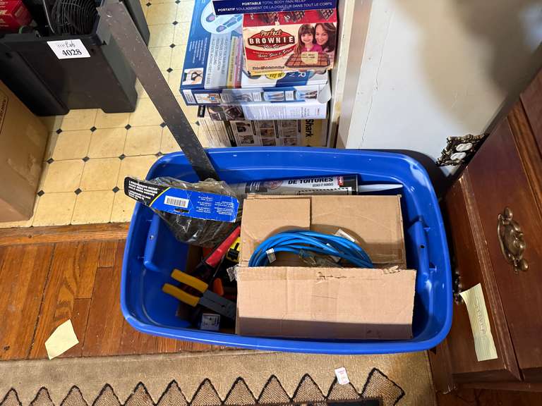 Tote of Various Shop Supplies and Tools