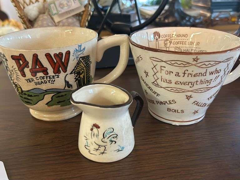Paws Coffee Friend cups and Rooster creamer pitcher McNatt Real Estate
