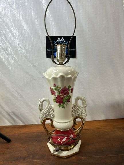 Vtg 1940's WORRALL Ruby Roses Boudoir Lamp Swan Handles Gold Accents Glass Ball