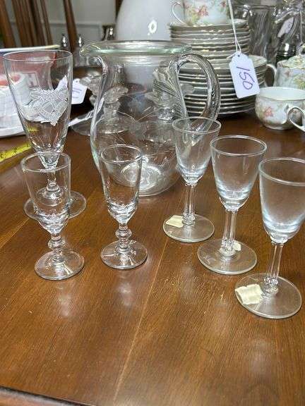 Etched glass pitcher and 6 stemmed glasses
