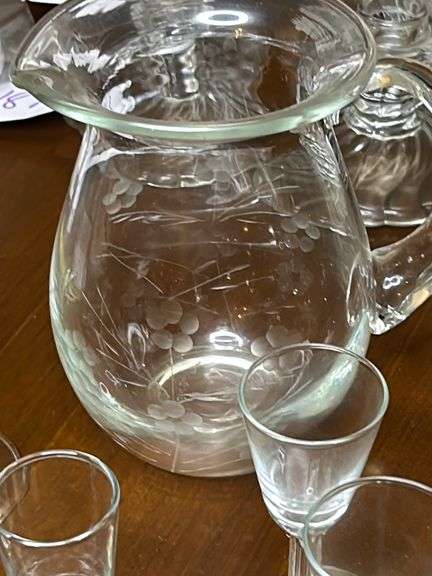Etched glass pitcher and 6 stemmed glasses