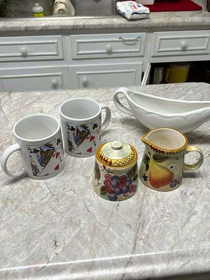 Homer Laughlin gravy-Poker cups-Sugar and creamer set