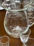 Etched glass pitcher and 6 stemmed glasses