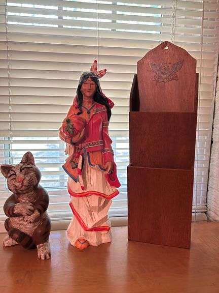 Old wood letter holder- hand carved Indian and wood cat
