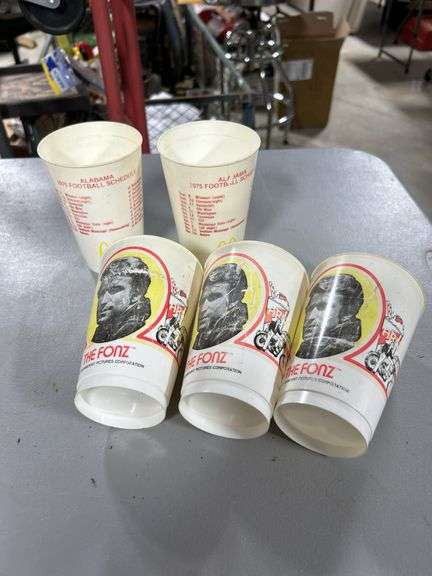 3 Burger King The Fonz cups & 2 1975 AL and AU McDonalds football schedule cups
