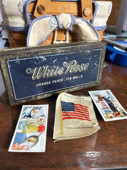 Early White Rose adv Tin -Early silk tobacco card and 2 old card stick tobacco trading cards