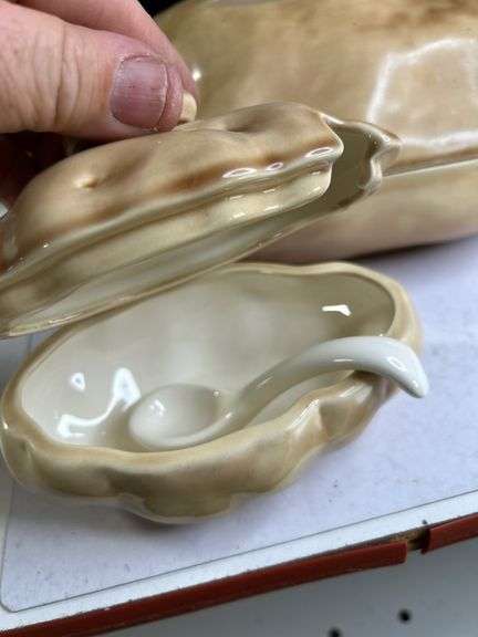 Handmade ceramic baked potato bowl, 70s vintage potato dish w/ sauce dish