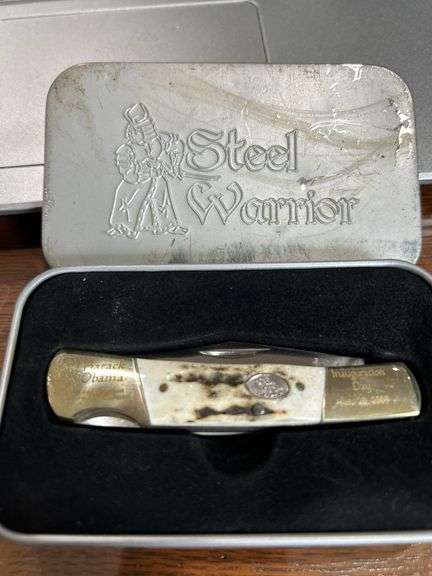 Steel Warrior Stag handle knife in tin