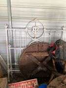 Tubs of misc and boxes of misc -pedestal table -wrought iron bed with rails -lamps-rugs