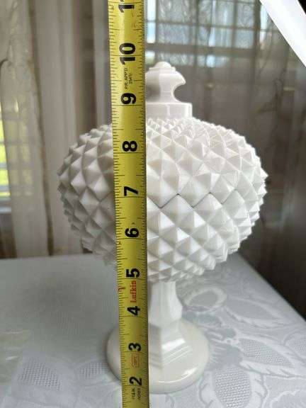 Large Milk Glass Covered Fruit Bowl Centerpiece Urns with Overall Saw Tooth Design (Repaired) see ph