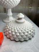 Large Milk Glass Covered Fruit Bowl Centerpiece Urns with Overall Saw Tooth Design (Repaired) see ph