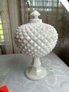 Large Milk Glass Covered Fruit Bowl Centerpiece Urns with Overall Saw Tooth Design (Repaired) see ph
