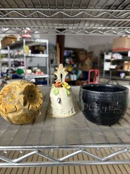 Alabaster owl paperweight-hand turned red clay peanut bowl and ceramic bell