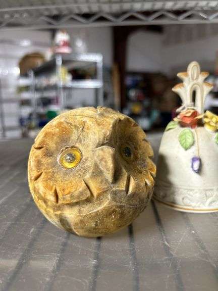 Alabaster owl paperweight-hand turned red clay peanut bowl and ceramic bell