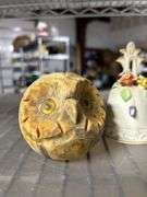 Alabaster owl paperweight-hand turned red clay peanut bowl and ceramic bell