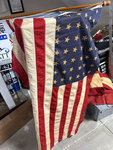 Rare Find! Large old 48 Star US Flag on an early 2 piece wood flag pole - Early set !