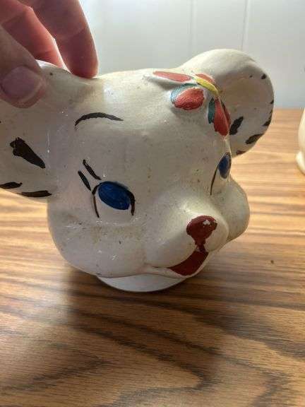 vintage American Bisque "Turnabout" or "Double Face" Teddy Bear cookie jar, likely from the 1940s
