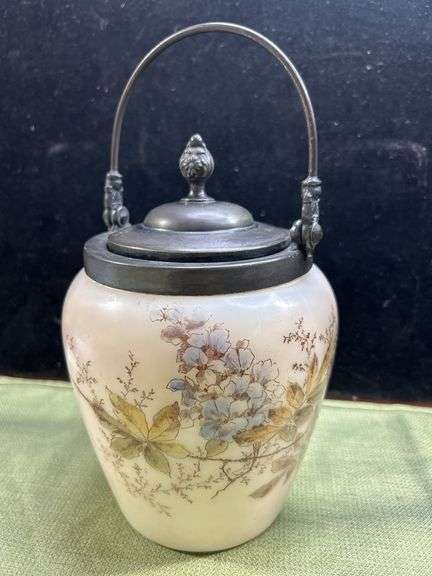 Look it up! Antique Milk Glass Biscuit/Cracker Jar, Metal Lid & Handle, Mt Washington