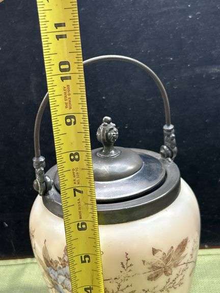 Look it up! Antique Milk Glass Biscuit/Cracker Jar, Metal Lid & Handle, Mt Washington