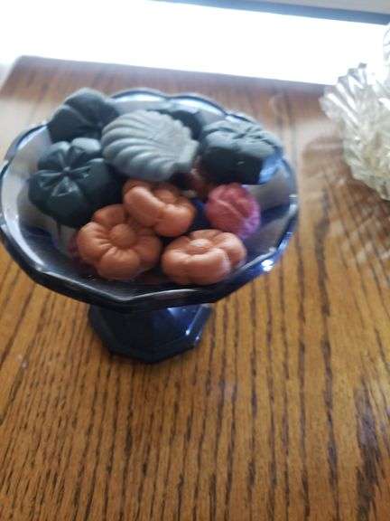 Vintage Fostoria blue candy dish with soap