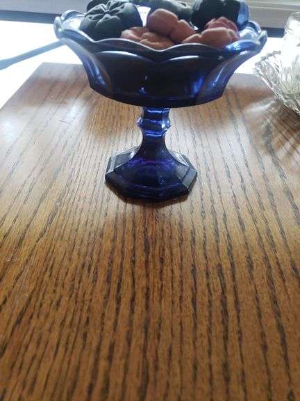 Vintage Fostoria blue candy dish with soap