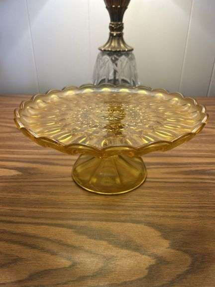 Vintage Anchor Hocking Fairfield Glass Cake Plate Pedestal Stand Honey Amber 10"