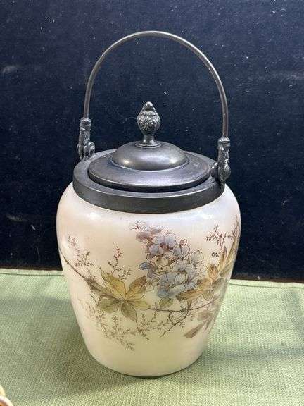 Look it up! Antique Milk Glass Biscuit/Cracker Jar, Metal Lid & Handle, Mt Washington