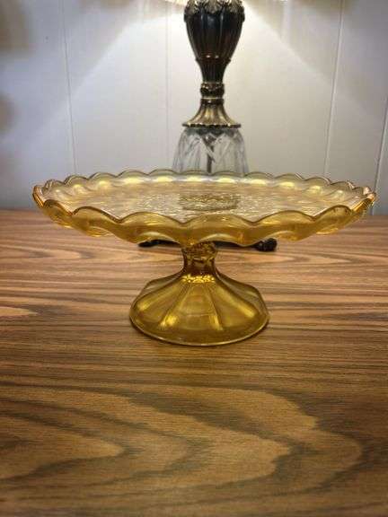Vintage Anchor Hocking Fairfield Glass Cake Plate Pedestal Stand Honey Amber 10"